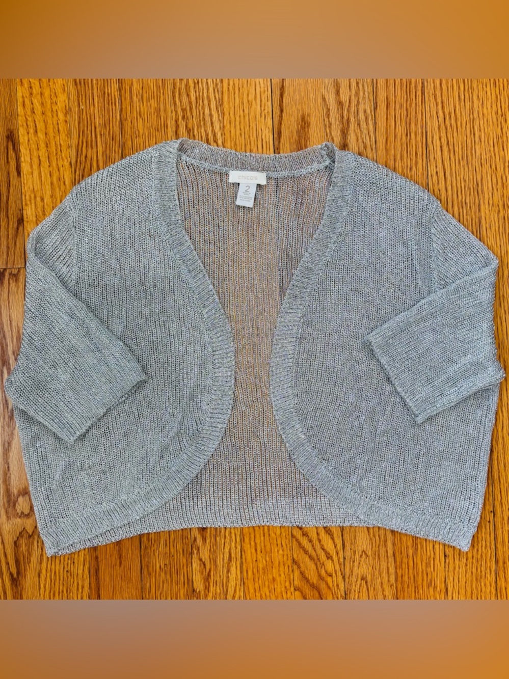 Chico's preppy slouchy silver metallic open front short sleeve crop cardigan L - Picture 14 of 15
